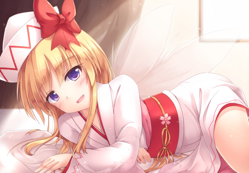 1girl :d backlighting bangs blonde_hair blue_eyes blurry blurry_background blush bow commentary_request curtains depth_of_field eyebrows_visible_through_hair fairy_wings hat hat_bow highres indoors japanese_clothes kimono lily_white long_hair long_sleeves looking_at_viewer lying lzh obi on_bed on_side open_mouth red_bow ribbon sash sidelocks smile solo touhou transparent_wings white_hat white_kimono wings yellow_ribbon