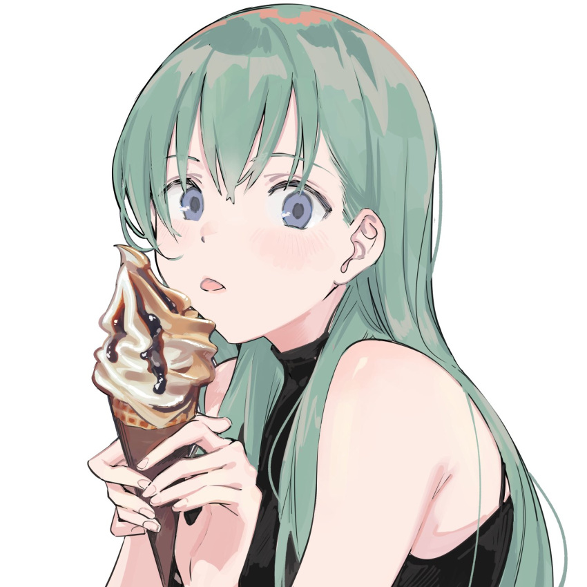 1girl bangs bare_shoulders black_shirt blue_eyes blush chocolate_syrup food green_hair highres holding holding_food ice_cream ice_cream_cone kantai_collection long_hair looking_at_viewer osu5i shirt simple_background soft_serve solo suzuya_(kantai_collection) tongue tongue_out wafer_stick white_background