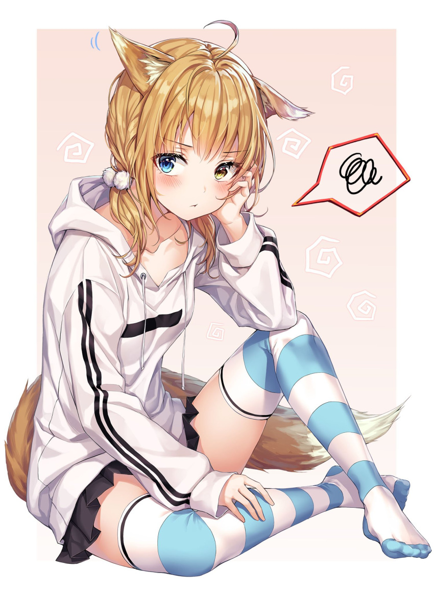 1girl ahoge animal_ears bangs black_skirt blonde_hair blue_eyes blush breasts closed_mouth collarbone drawstring eyebrows_visible_through_hair fox_ears fox_girl fox_tail full_body hair_intakes hair_over_shoulder hand_up heterochromia highres hood hood_down hoodie knee_up long_hair long_sleeves looking_at_viewer low_twintails miniskirt no_shoes original pleated_skirt pom_pom_(clothes) r_o_ha sitting skirt sleeves_past_wrists small_breasts solo spoken_squiggle squiggle striped striped_legwear tail thigh-highs thighs twintails white_hoodie white_legwear yellow_eyes zettai_ryouiki
