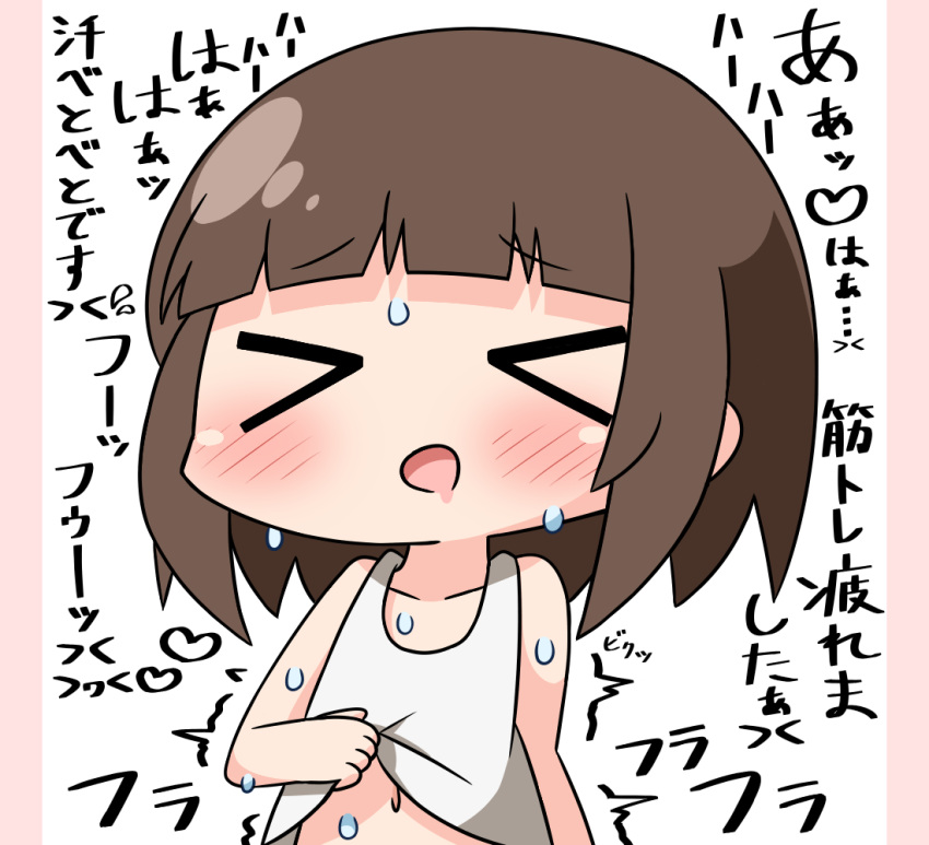 &gt;_&lt; 1girl bangs bare_arms bare_shoulders blush brown_hair closed_eyes collarbone commentary_request drooling eyebrows_visible_through_hair facing_viewer hana_kazari heart kamoi_tsubame lifted_by_self long_hair navel open_mouth pink_background solo sweat tank_top tank_top_lift translation_request two-tone_background uchi_no_maid_ga_uzasugiru! upper_body white_background white_tank_top