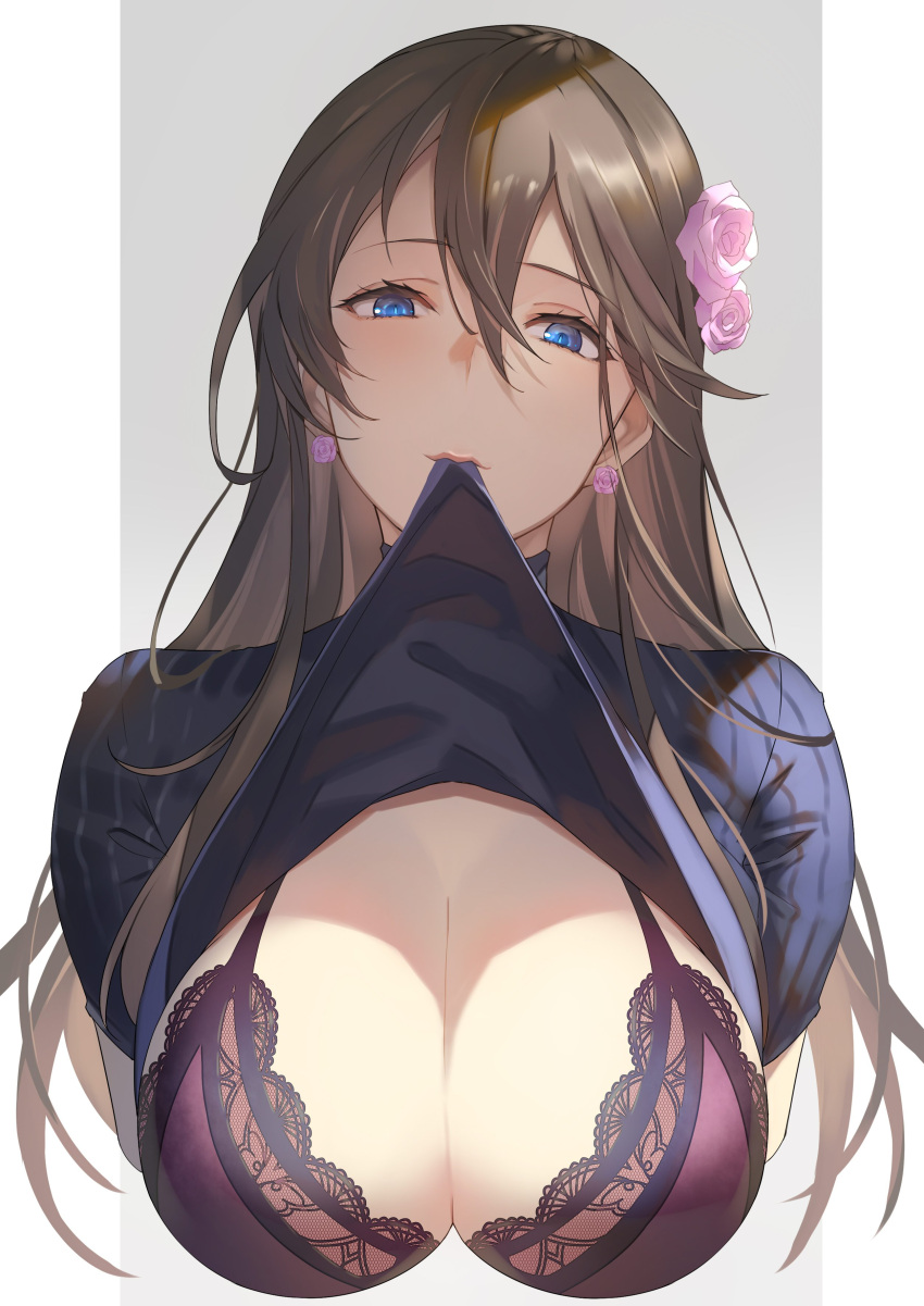 1girl absurdres blue_eyes blush breasts brown_hair cleavage flower granblue_fantasy hair_between_eyes hair_flower hair_ornament highres kakage large_breasts long_hair looking_at_viewer rosetta_(granblue_fantasy) solo