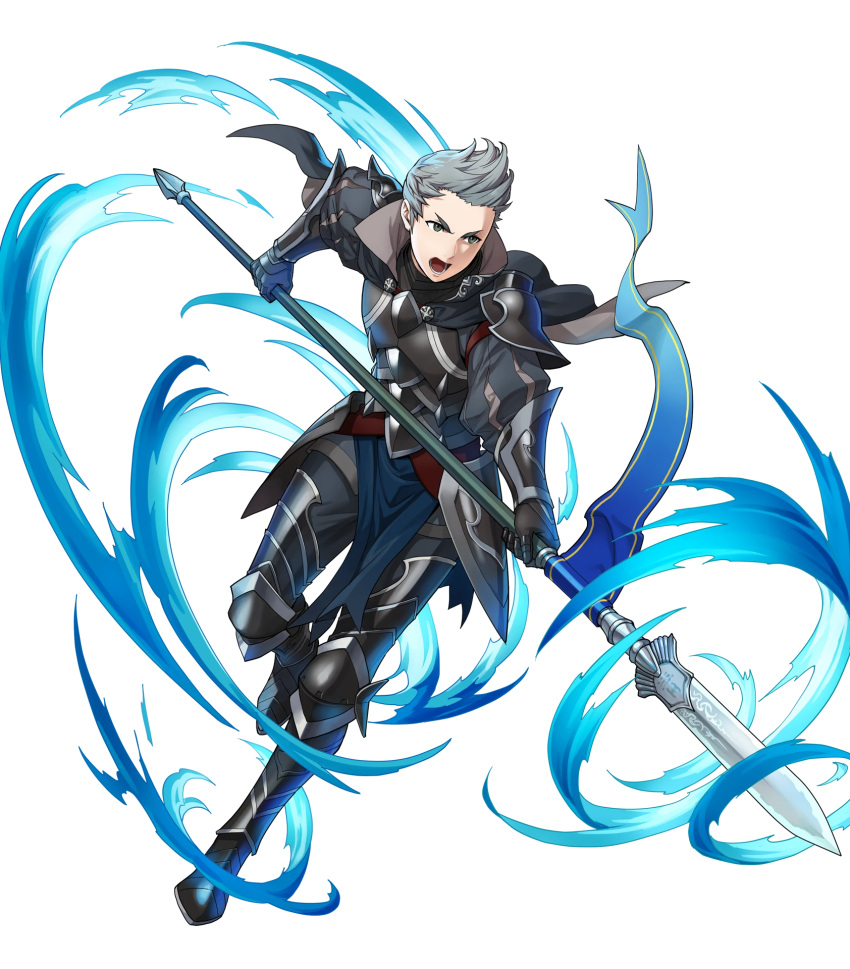 1boy armor armored_boots blue_hair boots cape fire_emblem fire_emblem_heroes fire_emblem_if flag full_body gloves green_eyes highres indesign male_focus nintendo official_art open_mouth polearm silas_(fire_emblem_if) solo spear teeth transparent_background weapon