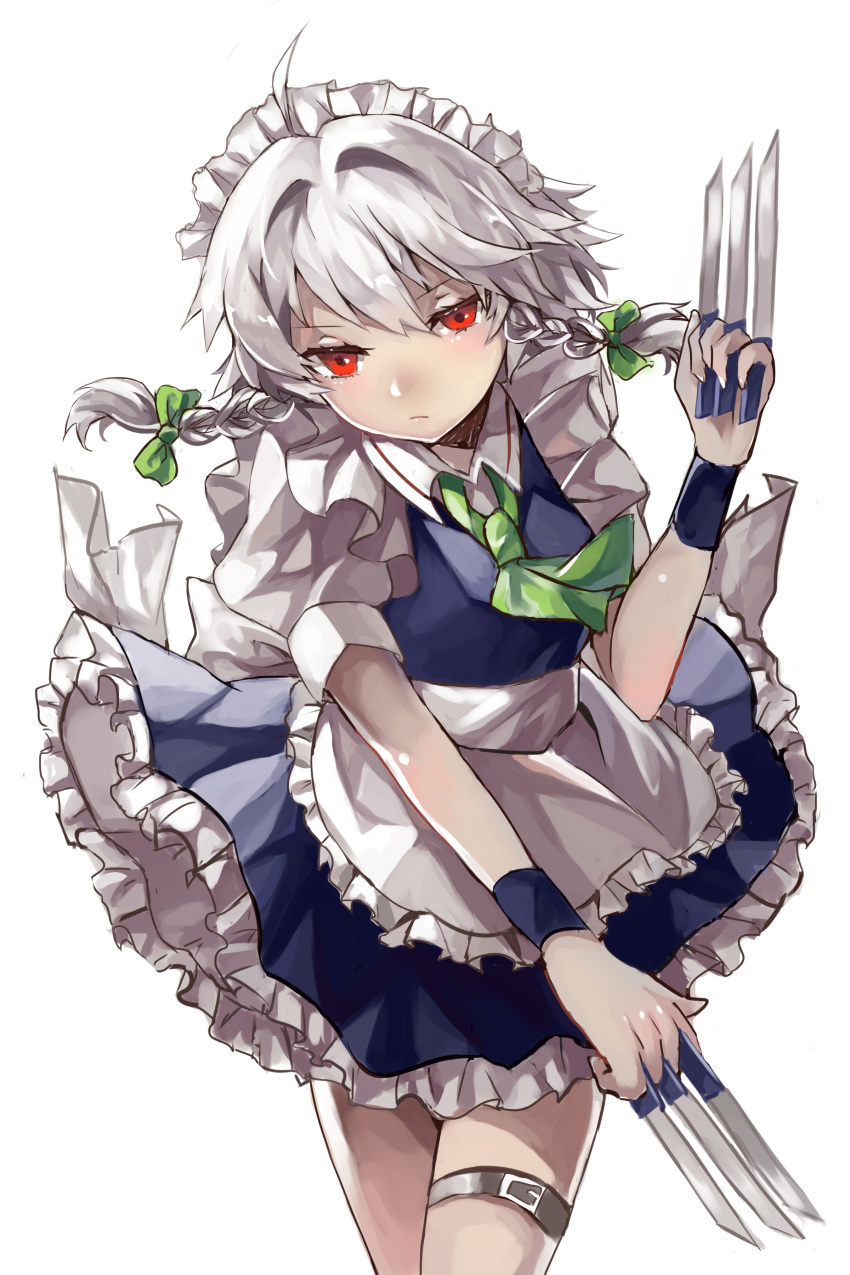 1girl absurdres ahoge apron bangs blue_dress bow braid commentary_request cowboy_shot dress eyebrows_visible_through_hair frilled_apron frills green_bow green_neckwear green_ribbon hair_between_eyes hair_bow hand_up highres holding holding_knife holding_weapon izayoi_sakuya kani_nyan knife knives_between_fingers looking_at_viewer maid maid_apron maid_headdress neck_ribbon petticoat puffy_short_sleeves puffy_sleeves red_eyes ribbon shirt short_hair short_sleeves silver_hair simple_background solo standing thigh_strap thighs touhou twin_braids waist_apron weapon white_apron white_background white_shirt