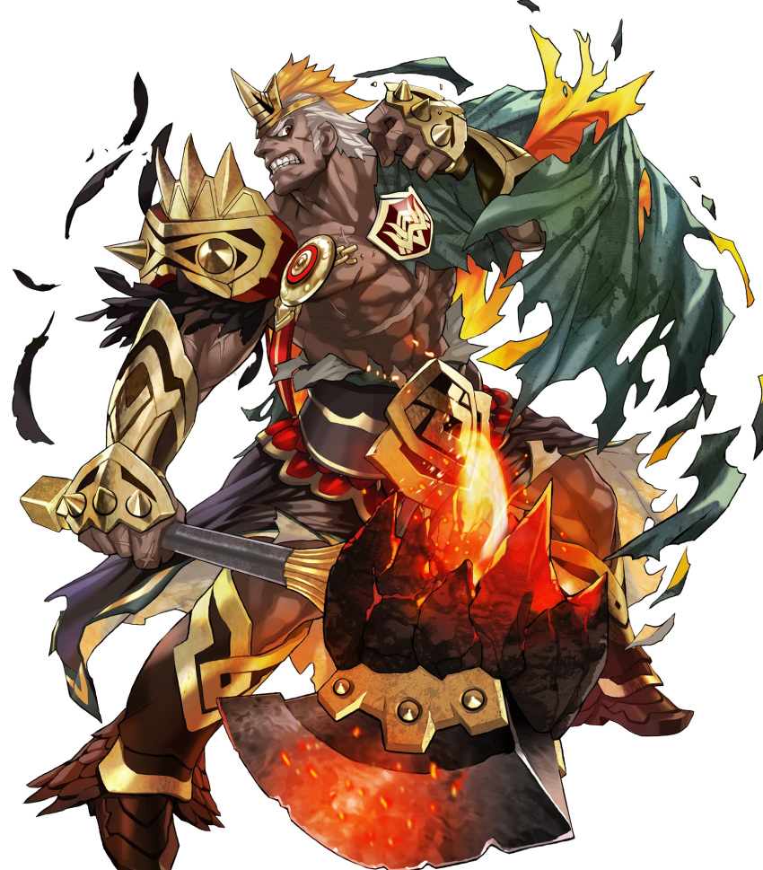 1boy abs blonde_hair boots dark_skin feathers fire fire_emblem fire_emblem_heroes full_body helbindi_(fire_emblem_heroes) highres maeshima_shigeki male_focus multicolored_hair navel nintendo official_art open_mouth red_eyes scar shirtless solo teeth torn_clothes transparent_background two-tone_hair white_hair