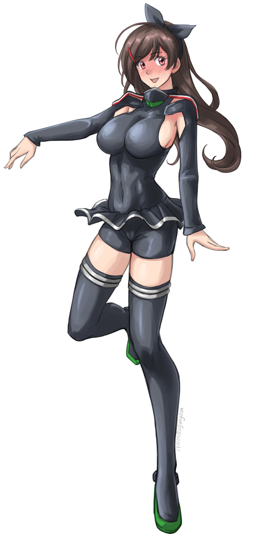 1girl absurdres bike_shorts black_legwear black_skirt blush bodysuit brown_hair commentary_request cosplay covered_navel full_body hair_ornament hair_ribbon hairclip highres kantai_collection long_hair looking_at_viewer luigi_torelli_(kantai_collection) luigi_torelli_(kantai_collection)_(cosplay) mamiya_(kantai_collection) microskirt pleated_skirt ponytail red_eyes ribbon simple_background skin_tight skirt solo sozan thigh-highs uit-25_(kantai_collection) uit-25_(kantai_collection)_(cosplay) white_background