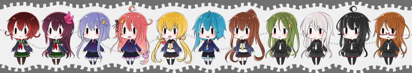 6+girls absurdres ahoge asymmetrical_hair black_hair black_legwear black_sailor_collar black_serafuku black_shirt black_shorts black_skirt blonde_hair blue_hair blue_jacket blue_shirt brown_hair bunny_hair_ornament chibi crescent crescent_hair_ornament crescent_moon_pin frilled_shorts frills fumizuki_(kantai_collection) glasses gradient_hair green_hair green_sailor_collar green_skirt hair_ornament highres jacket kantai_collection kikuzuki_(kantai_collection) kisaragi_(kantai_collection) long_hair long_image long_sleeves low-tied_long_hair low_twintails mikazuki_(kantai_collection) minazuki_(kantai_collection) mochizuki_(kantai_collection) multicolored_hair multiple_girls mutsuki_(kantai_collection) nagatsuki_(kantai_collection) neckerchief necktie pantyhose pink_hair pleated_skirt ponytail purple_hair red-framed_eyewear redhead remodel_(kantai_collection) sailor_collar satsuki_(kantai_collection) school_uniform semi-rimless_eyewear serafuku shirt short_hair short_hair_with_long_locks shorts skirt solid_oval_eyes thigh-highs twintails under-rim_eyewear uzuki_(kantai_collection) white_hair white_neckwear white_shirt wide_image yayoi_(kantai_collection) yellow_neckwear yunamaro