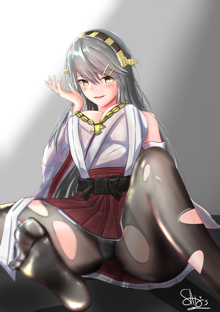 1girl absurdres artist_name bare_shoulders blush breasts brown_hair cleavage dress feet hair_between_eyes haruna_(kantai_collection) highres ichikawayan kantai_collection large_breasts long_hair naughty_face nontraditional_miko panties sketch skirt solo tongue tongue_out torn_clothes torn_legwear underwear upskirt white_panties yellow_eyes