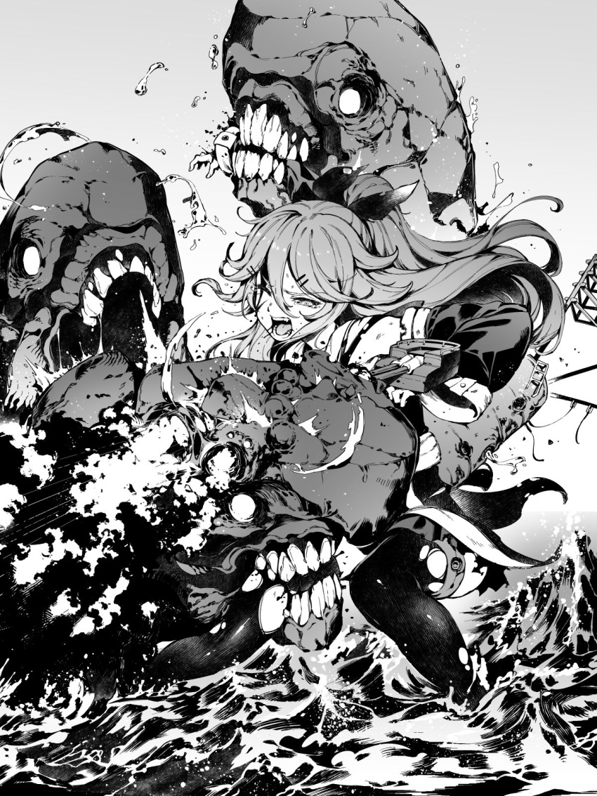 1girl bacius battle biting blood blood_from_mouth cannon damaged detached_sleeves firing highres i-class_destroyer injury kantai_collection long_hair machinery monochrome neckerchief open_mouth pleated_skirt ponytail rigging school_uniform skirt thigh-highs turret water yamakaze_(kantai_collection)