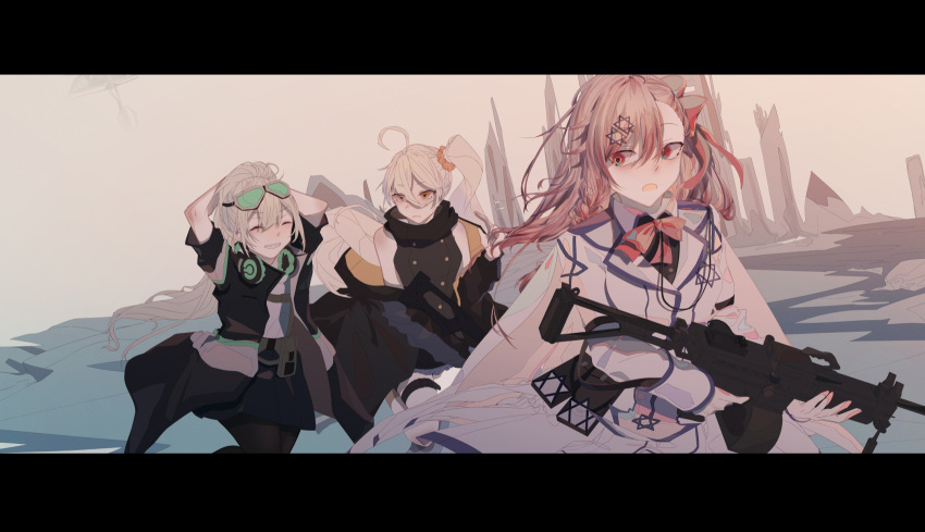 3girls aek-999_(girls_frontline) ahoge arms_behind_back artist_request city commentary_request girls_frontline goggles goggles_on_head grey_hair gun hair_ornament headphones headphones_around_neck hexagram highres machine_gun multiple_girls negev_(girls_frontline) pink_hair pkp_(girls_frontline) ruins side_ponytail star_of_david weapon white_hair