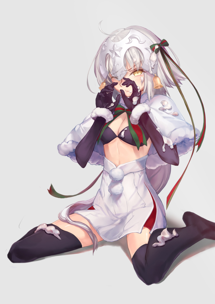 1girl ahoge bell blush breasts elbow_gloves fate/grand_order fate_(series) gloves hair_ribbon hand_over_face headpiece highres icing jeanne_d'arc_(fate)_(all) jeanne_d'arc_alter_santa_lily mao_mao_wansui multicolored multicolored_ribbon neck_ribbon one_eye_closed ribbon sitting small_breasts solo thigh-highs wariza white_background white_hair yellow_eyes