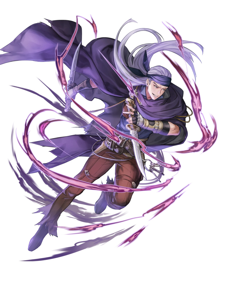 1boy belt boots cape dagger fingerless_gloves fire_emblem fire_emblem:_rekka_no_ken fire_emblem_heroes full_body gloves headband highres legault long_hair male_focus nintendo official_art p-nekor purple_hair scar solo teeth torn_clothes transparent_background violet_eyes weapon