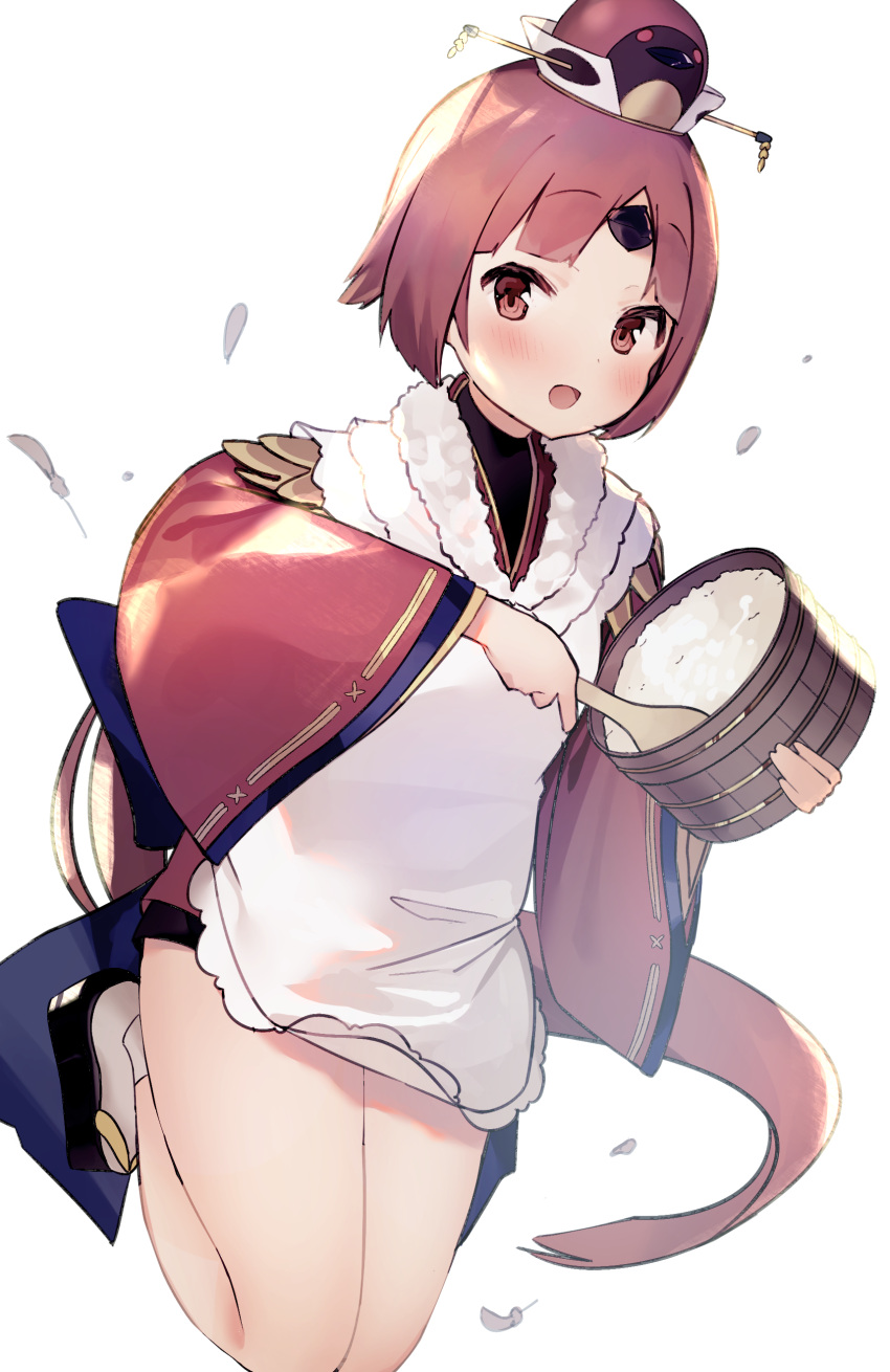 1girl :d absurdres apron benienma_(fate/grand_order) black_footwear black_shorts blush brown_eyes brown_hair brown_hat brown_kimono commentary_request fate/grand_order fate_(series) hat highres holding holding_spoon idemitsu japanese_clothes kimono long_hair long_sleeves open_mouth platform_footwear rice short_shorts shorts simple_background smile socks solo spoon very_long_hair white_apron white_background white_legwear wide_sleeves wooden_spoon zouri
