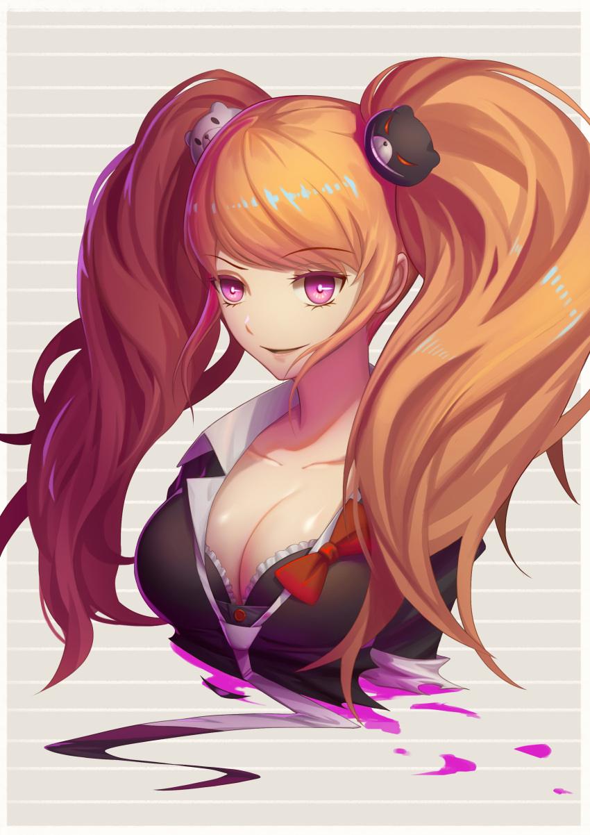 1girl absurdres alternate_eye_color bangs bear_hair_ornament black_bra black_shirt blonde_hair blood bra breasts cleavage collarbone commentary_request dangan_ronpa enoshima_junko eyebrows_visible_through_hair gy_(l964625780) hair_ornament highres large_breasts long_hair looking_at_viewer necktie no_arms out_of_frame pink_blood pink_eyes red_ribbon ribbon school_uniform shirt sleeves_rolled_up smile solo striped striped_background twintails underwear