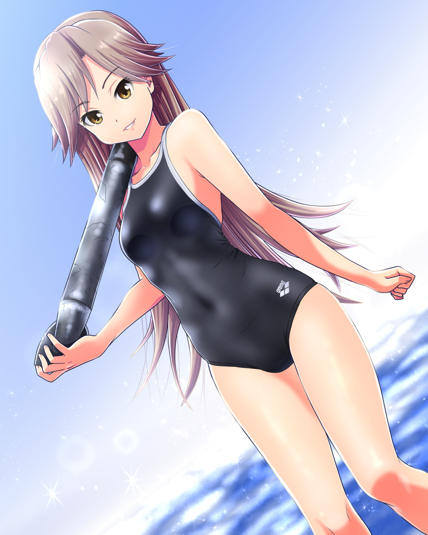 1girl absurdres arashio_(kantai_collection) arena_(company) beach blue_sky breasts brown_eyes brown_hair clouds cloudy_sky collarbone competition_school_swimsuit competition_swimsuit cowboy_shot dutch_angle eyebrows_visible_through_hair graphite_(medium) hair_between_eyes highres kantai_collection long_hair looking_at_viewer mechanical_pencil ocean one-piece_swimsuit pencil sky small_breasts smile solo standing swimsuit tennouji_masamichi torpedo traditional_media water yellow_eyes