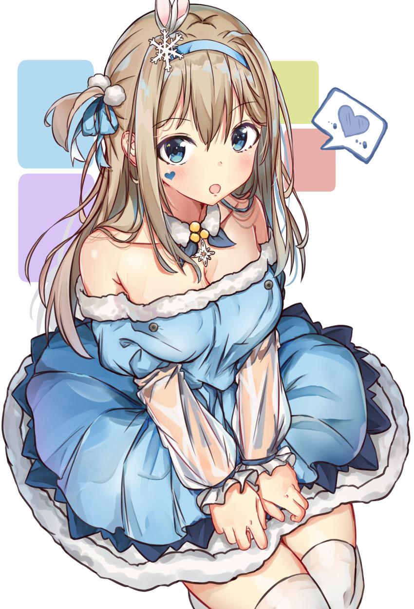 1girl :o absurdres bangs bare_shoulders blue_dress blue_eyes blue_hairband blue_ribbon blush breasts brown_hair cleavage collarbone commentary_request dress eyebrows_visible_through_hair facial_mark fur-trimmed_dress fur_trim girls_frontline hair_between_eyes hair_ornament hair_ribbon hairband heart highres korean_commentary long_hair long_sleeves medium_breasts norazura off-shoulder_dress off_shoulder one_side_up parted_lips pom_pom_(clothes) ribbon see-through see-through_sleeves sitting sleeves_past_wrists snowflake_hair_ornament solo spoken_heart suomi_kp31_(girls_frontline) thigh-highs very_long_hair white_legwear