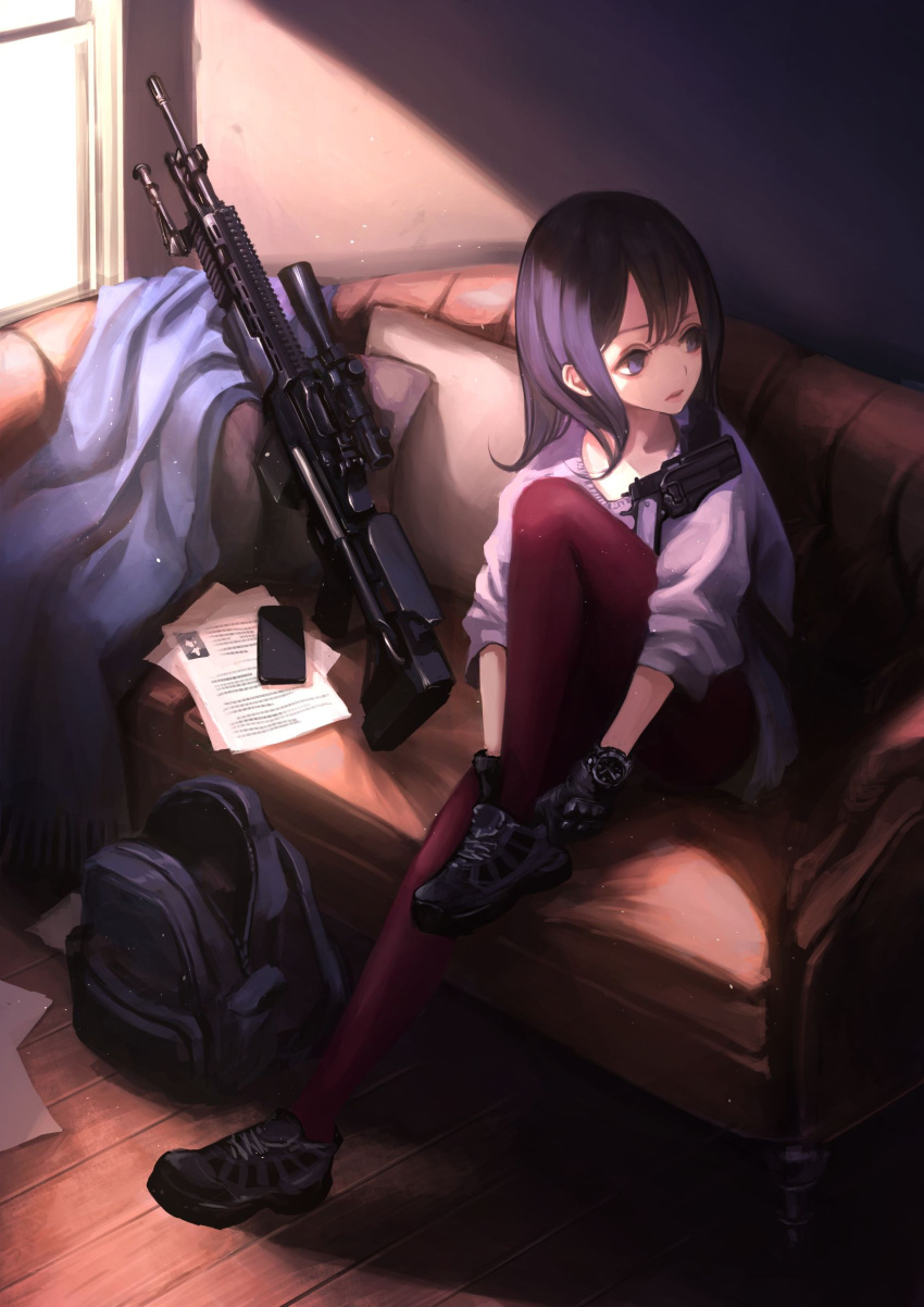 1girl ankle_boots backpack bag black_footwear black_gloves black_hair blanket blue_eyes boots closed_mouth commentary couch day dressing dust_particles gloves gun handgun highres holster indoors knee_up koh_(minagi_kou) long_hair looking_away looking_to_the_side m1911 mk_14_ebr on_couch original pantyhose paper pistol purple_legwear purple_sweater rifle sitting sleeves_pushed_up smartphone_case sniper_rifle solo sunlight sweater watch watch weapon window wooden_floor