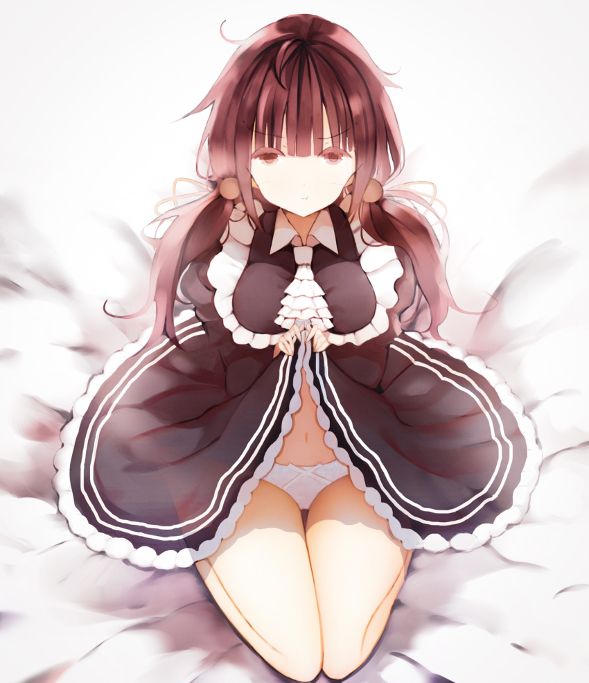 1girl :t alternate_costume alternate_eye_color bed_sheet bow bow_panties brown_dress brown_eyes brown_hair closed_mouth colored_eyelashes commentary_request dress dress_lift enmaided hair_bobbles hair_ornament highres hinatsuru_ai lifted_by_self long_hair looking_at_viewer low_twintails maid navel panties pout ryuuou_no_oshigoto! senya_fuurin sidelocks sitting solo twintails underwear very_long_hair wariza white_panties