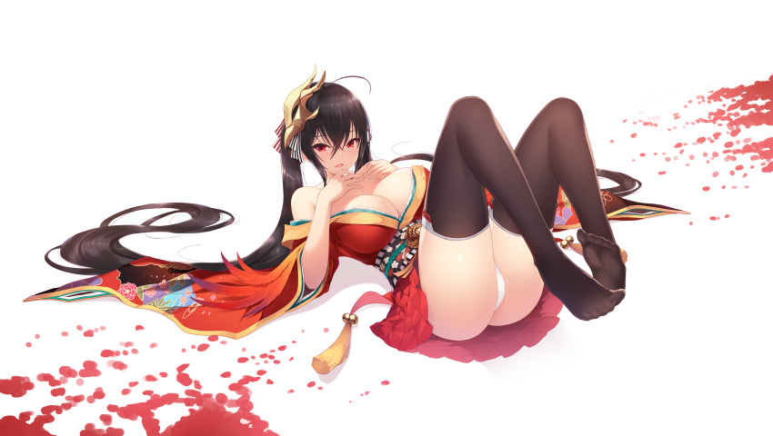 1girl absurdres ahoge ass azur_lane bangs bare_shoulders bell black_hair black_legwear blush breasts cait cleavage collarbone crossed_bangs eyebrows_visible_through_hair feathers hair_between_eyes hair_ornament hair_ribbon highres huge_breasts japanese_clothes jingle_bell kimono large_breasts long_hair looking_at_viewer lying mask mask_on_head no_shoes obi off_shoulder on_back open_mouth paid_reward panties patreon_reward petals pleated_skirt red_eyes red_kimono red_ribbon ribbon sash short_kimono sidelocks simple_background skirt smile solo striped striped_ribbon taihou_(azur_lane) tassel thigh-highs thighs twintails underwear very_long_hair white_background white_panties wide_sleeves