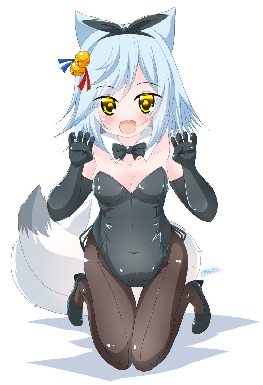 1girl :d animal_ears azur_lane bangs bell black_footwear black_gloves black_leotard black_ribbon blue_hair blush breasts brown_legwear bunnysuit claw_pose cleavage commentary_request covered_navel elbow_gloves eyebrows_visible_through_hair fang fubuki_(azur_lane) gloves hair_bell hair_ornament hair_ribbon high_heels highres jingle_bell kanijiru leotard long_hair looking_at_viewer multiple_tails open_mouth pantyhose ribbon shadow shoes small_breasts smile solo strapless strapless_leotard tail thigh_gap twitter_username two_tails white_background yellow_eyes