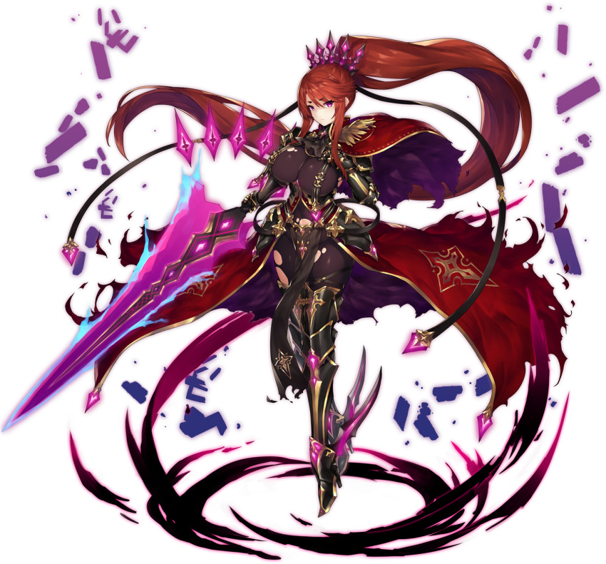 1girl absurdly_long_hair armored_corset aura blue_fire breasts brown_hair cape covered_navel crown dark_aura dark_power eyebrows_visible_through_hair feather_hair fire floating floating_object floating_rock gauntlets greaves hand_on_own_chest high_heels highres inayama ingrid_(sennen_sensou_aigis) large_breasts long_hair looking_at_viewer magic official_art pelvic_curtain ponytail rubble sennen_sensou_aigis sword torn_cape torn_clothes transparent_background unitard very_long_hair violet_eyes waist_cape weapon