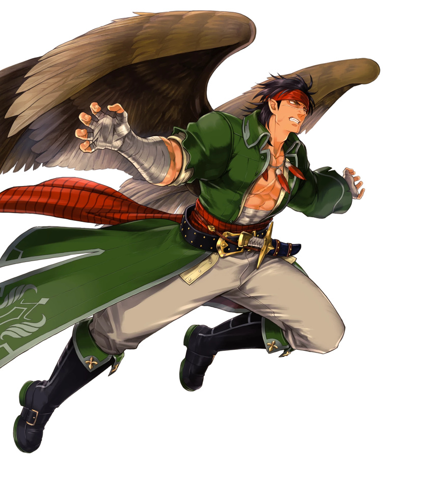 1boy bandage belt boots brown_hair dagger feathered_wings feathers fire_emblem fire_emblem:_akatsuki_no_megami fire_emblem:_souen_no_kiseki fire_emblem_heroes full_body headband highres jewelry male_focus necklace nintendo official_art open_clothes open_shirt pointy_ears scar solo suekane_kumiko teeth tibarn transparent_background weapon wings yellow_eyes