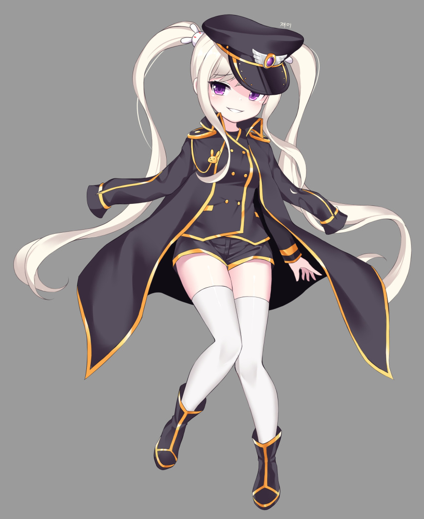 absurdres hair_ornament hat highres jacket_on_shoulders looking_at_viewer maplestory mole mole_under_eye orchid_(maplestory) pantyhose silver_hair twintails violet_eyes