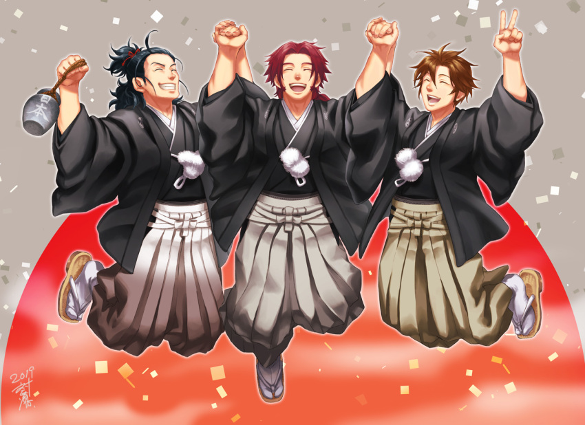 2019 3boys ^_^ black_hair brown_hair closed_eyes closed_eyes confetti dated facial_hair gourd grin hakama half_updo hand_holding japanese_clothes jumping male_focus multiple_boys nihongou_(touken_ranbu) open_mouth otegine pom_pom_(clothes) redhead sandals smile stubble tabi tonbokiri_(touken_ranbu) touken_ranbu tsushima_shuu v