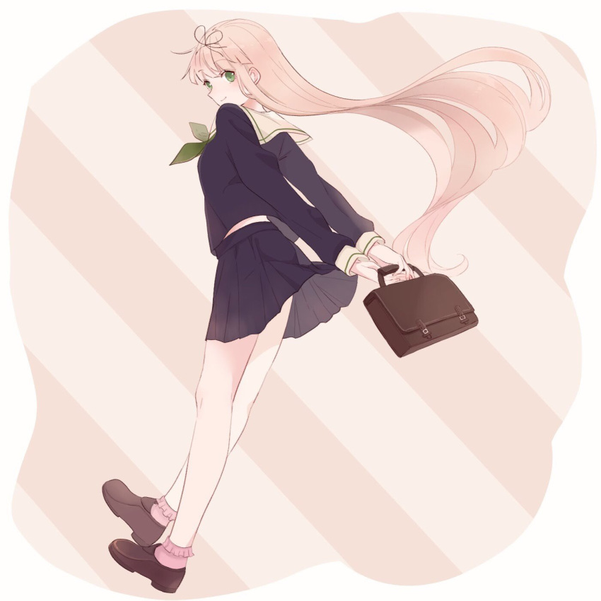 1girl arms_behind_back bag bangs black_serafuku black_skirt blonde_hair eyebrows_visible_through_hair from_behind green_eyes green_neckwear hair_ribbon highres holding holding_bag kantai_collection long_hair long_sleeves looking_at_viewer looking_back ribbon sailor_collar school_uniform serafuku shakemi_(sake_mgmgmg) skirt smile socks solo striped striped_background yuudachi_(kantai_collection)