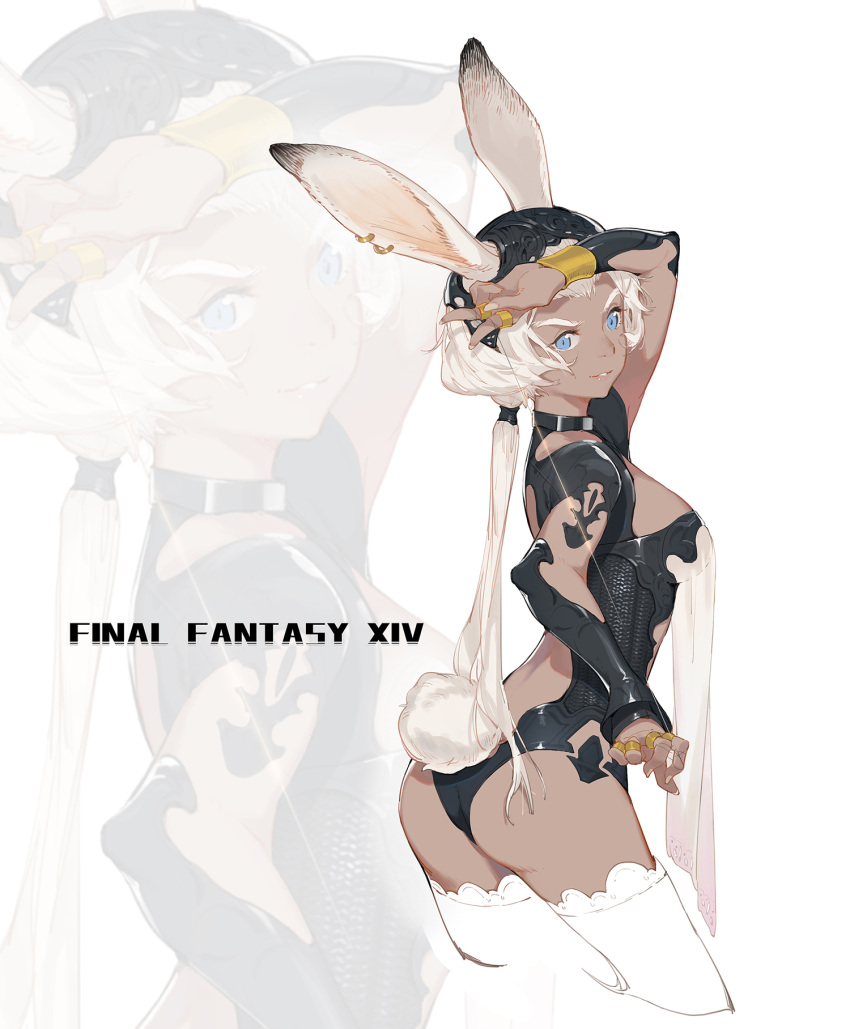 1girl animal_ears arm_up armor ass back black_leotard blue_eyes breasts bunny_girl bunny_tail copyright_name cropped_legs dark_skin earrings elbow_pads final_fantasy final_fantasy_xiv highres jewelry leotard long_hair low_ponytail medium_breasts parted_lips rabbit_ears ring see-through sideboob smile sola7764 solo tail thick_eyebrows thigh-highs v v-shaped_eyebrows viera white_background white_hair white_legwear wrist_guards zoom_layer