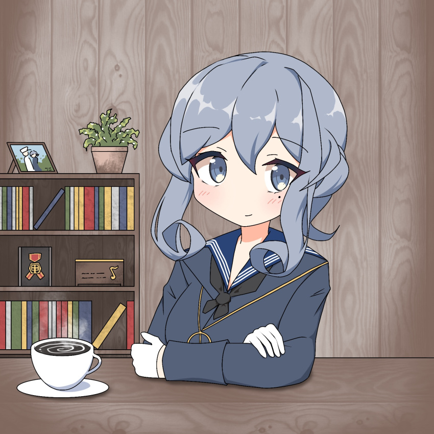 1girl bangs black_neckwear blue_eyes blue_hair blue_jacket blue_sailor_collar blush book bookshelf closed_mouth coffee commentary_request cup eyebrows_visible_through_hair gloves gotland_(kantai_collection) hair_between_eyes highres ichi jacket kantai_collection long_hair long_sleeves mole mole_under_eye photo_(object) picture_frame plant potted_plant sailor_collar saucer sitting smile solo teacup white_gloves