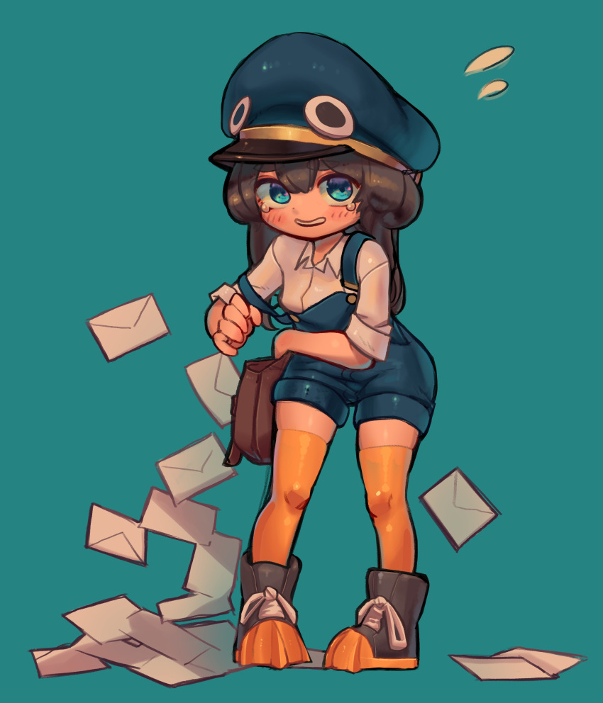 1girl absurdres aqua_background aqua_eyes bangs black_hair blue_headwear blush collared_shirt full_body grey_footwear hat highres letter long_hair looking_at_viewer moai_(more_e_4km) original over-kneehighs parted_lips shirt shoes simple_background smile solo standing thigh-highs white_shirt yellow_legwear