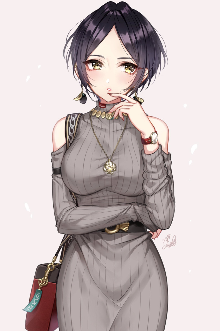 1girl bag bag_charm bangs bare_shoulders belt belt_buckle black_hair blush breasts buckle charm_(object) cowboy_shot dress finger_to_mouth fingernails forehead grey_background grey_dress handbag hayami_kanade highres idolmaster idolmaster_cinderella_girls ilo jewelry long_fingernails long_sleeves looking_at_viewer medium_breasts nail_polish necklace parted_bangs parted_lips pendant red_nails short_hair shoulder_cutout signature simple_background smile solo striped vertical-striped_dress vertical_stripes watch watch yellow_eyes