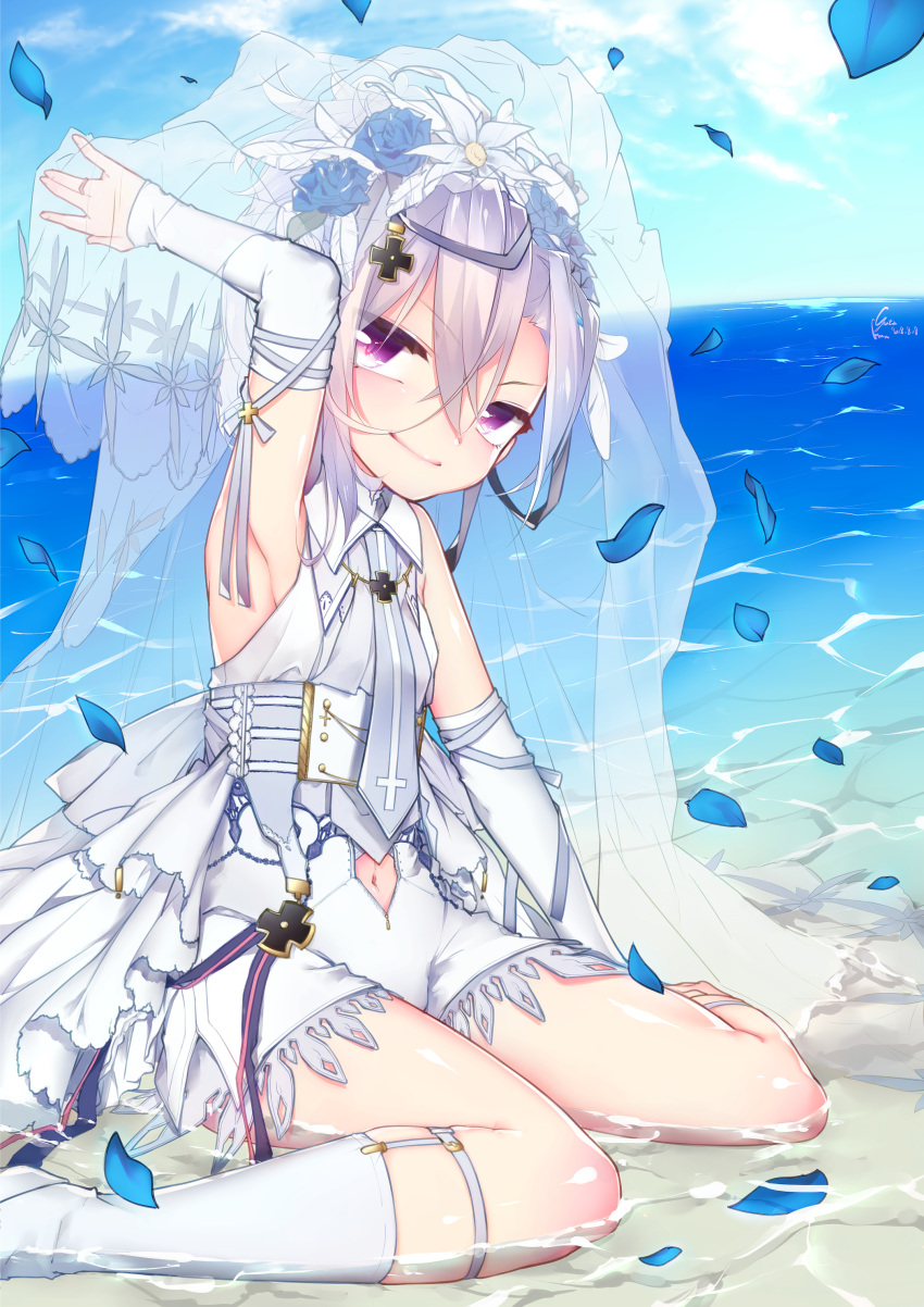 1girl absurdres alternate_costume armpits azur_lane bangs belt boots bridal_veil commentary_request dress eyebrows_visible_through_hair hair_between_eyes highres iron_cross kusibu_yt looking_at_viewer midriff_cutout navel necktie ocean petals short_hair sitting sleeveless smile solo veil violet_eyes wariza water wedding_dress white_hair z1_leberecht_maass_(azur_lane)