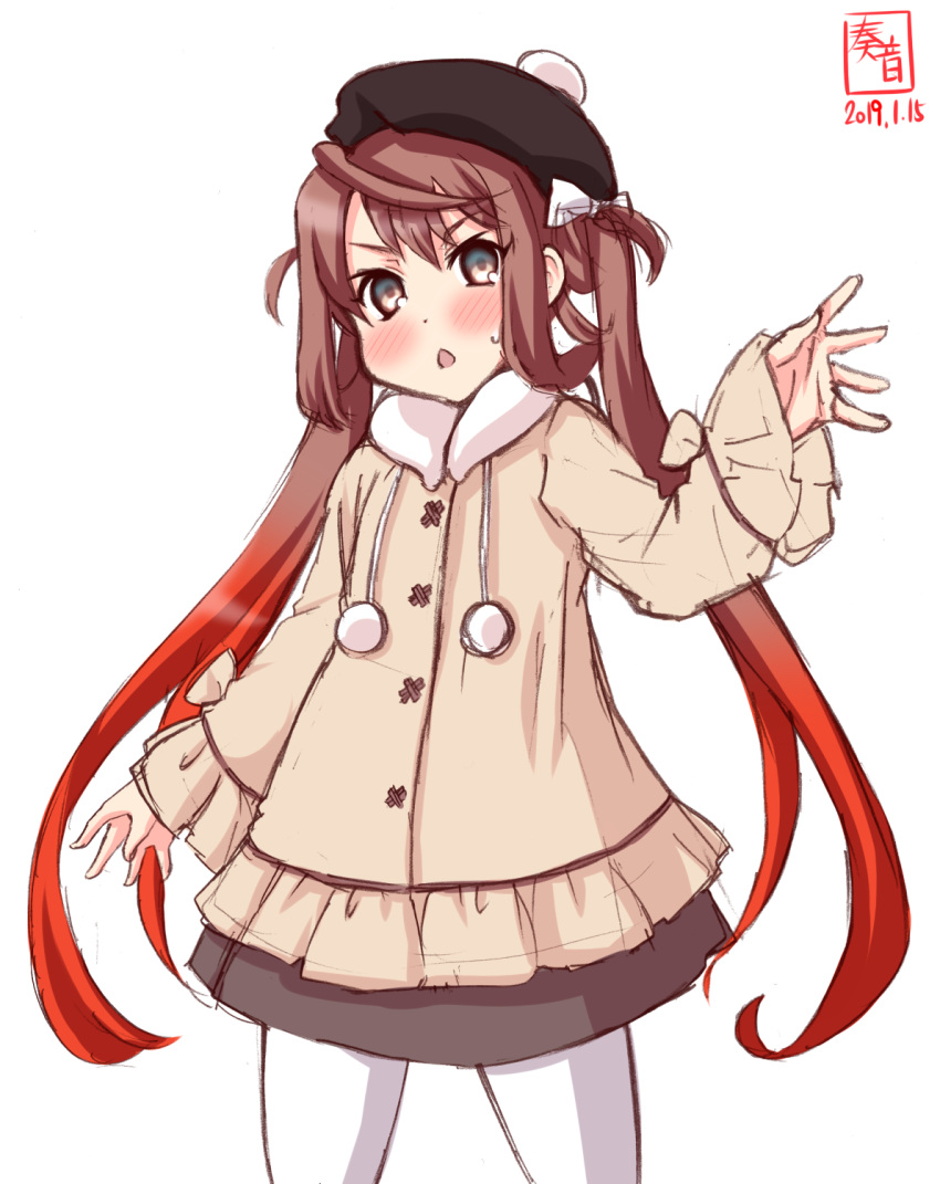 1girl alternate_costume artist_logo asagumo_(kantai_collection) beret black_hat black_skirt blush brown_hair brown_jacket cowboy_shot dated eyebrows_visible_through_hair flat_chest frilled_jacket frilled_sleeves frills gradient_hair grey_eyes hair_between_eyes hair_ribbon hat highres jacket kanon_(kurogane_knights) kantai_collection long_hair long_sleeves looking_at_viewer multicolored_hair open_mouth pantyhose ribbon signature simple_background skirt solo standing twintails white_background white_legwear white_ribbon