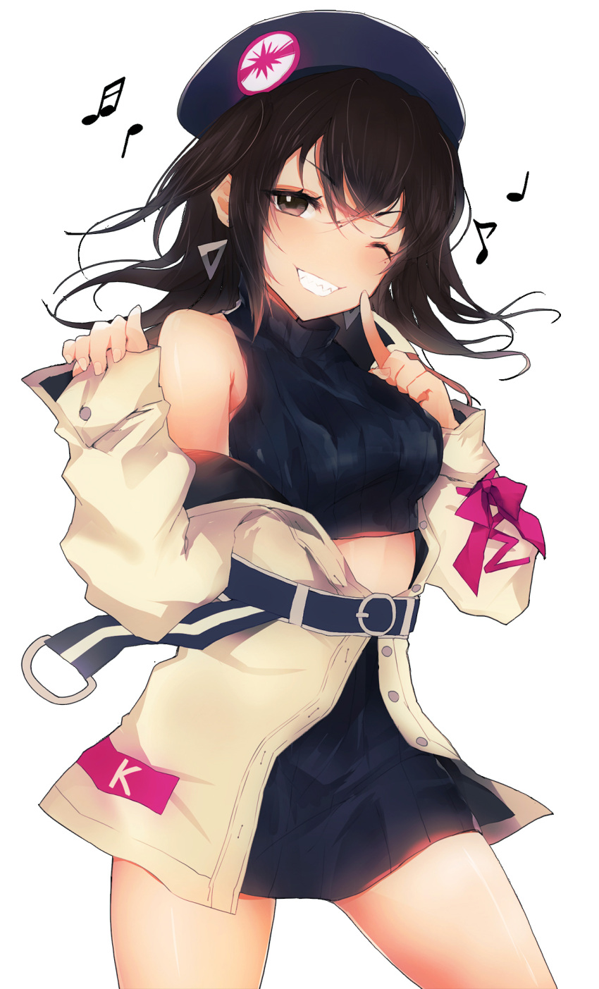 1girl bangs beige_coat belt black_hair blush breasts brown_eyes buckle casual coat cropped_sweater earrings eyebrows_visible_through_hair glint hair_between_eyes hair_ornament head_tilt highres idolmaster idolmaster_cinderella_girls index_finger_raised jewelry large_breasts long_hair looking_at_viewer mole mole_under_eye night off_shoulder one_eye_closed open_clothes open_coat parted_lips peanutc pov purple_sweater ribbed_sweater sharp_teeth skirt sleeveless_sweater solo sunazuka_akira sweater teeth two_side_up