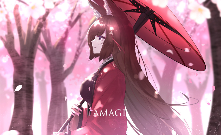 1girl amagi_(azur_lane) animal_ears azur_lane bangs blunt_bangs breasts brown_hair cherry_blossoms eternity_(pixiv8012826) fox_ears hair_ornament highres holding holding_umbrella japanese_clothes kimono large_breasts long_hair oriental_umbrella solo thick_eyebrows tree umbrella violet_eyes wide_sleeves