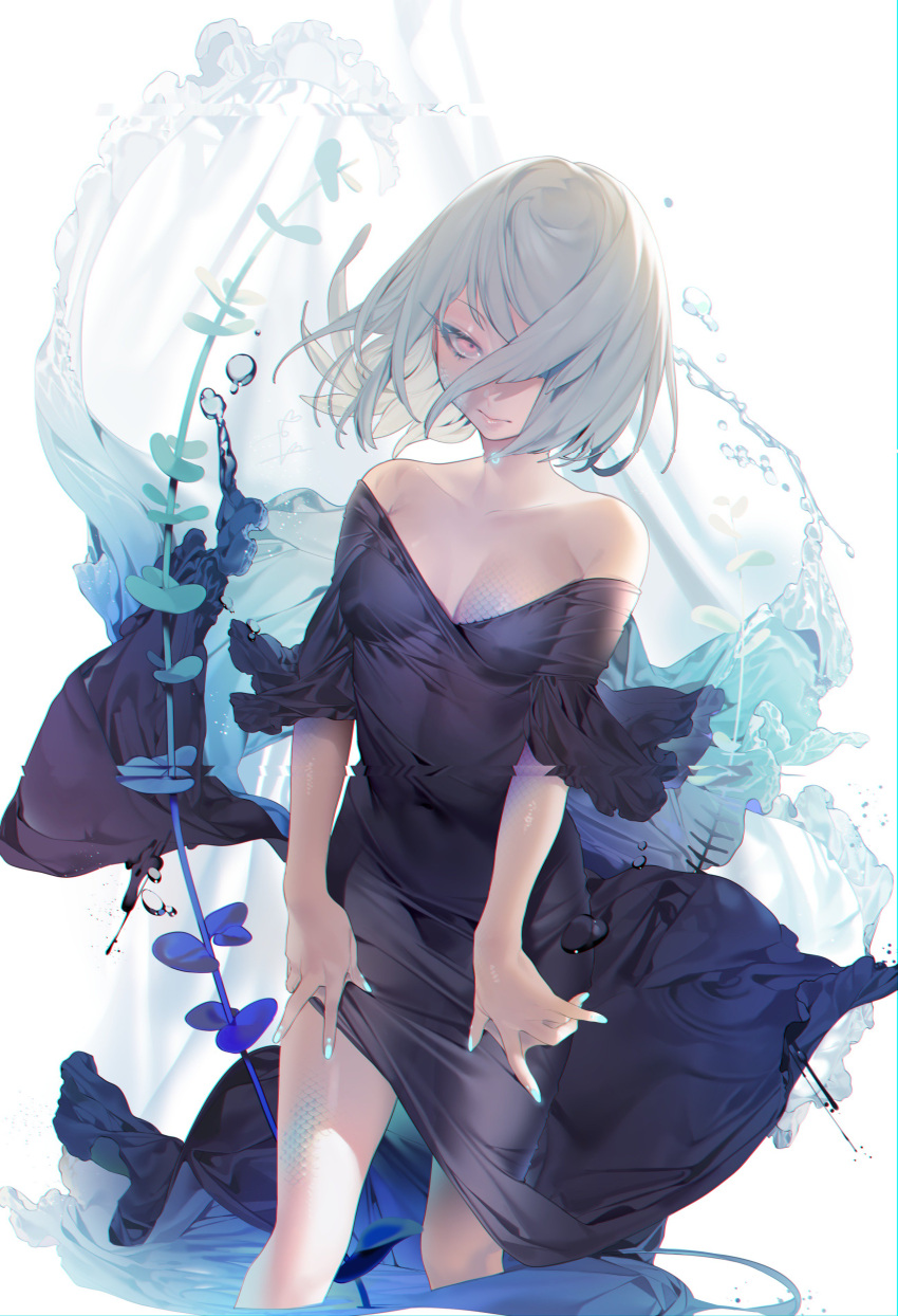 1girl absurdres aqua_nails bare_shoulders black_dress closed_mouth collarbone commentary dress hair_over_one_eye highres looking_at_viewer nail_polish off_shoulder ohisashiburi original partially_submerged pink_eyes plant scales short_hair silver_hair standing thighs water