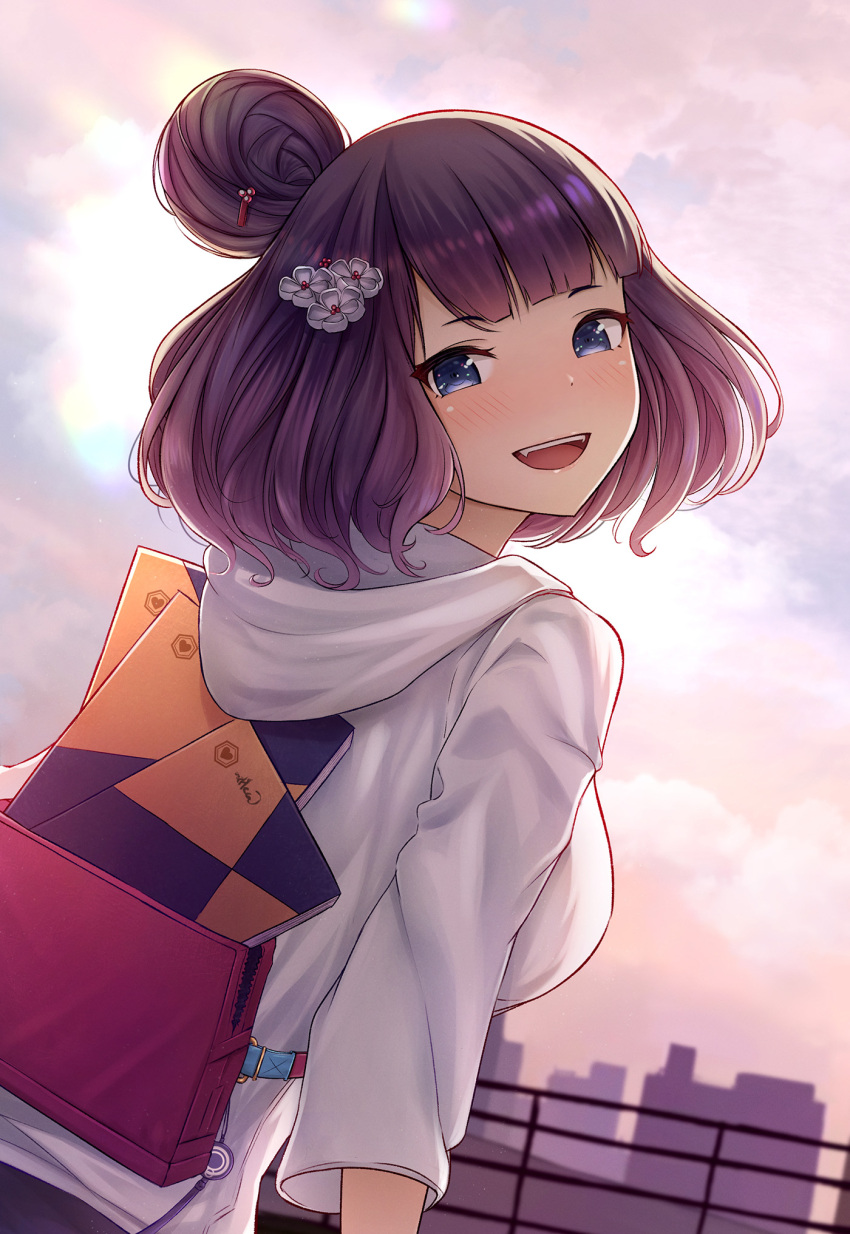 1girl bag bangs blue_eyes blush breasts clouds cloudy_sky fate/grand_order fate_(series) flower fou_zi hair_bun hair_flower hair_ornament hairpin heroic_spirit_traveling_outfit highres hood hoodie katsushika_hokusai_(fate/grand_order) large_breasts looking_at_viewer looking_back notepad open_mouth outdoors purple_hair shirt short_hair shoulder_bag sky smile solo white_shirt