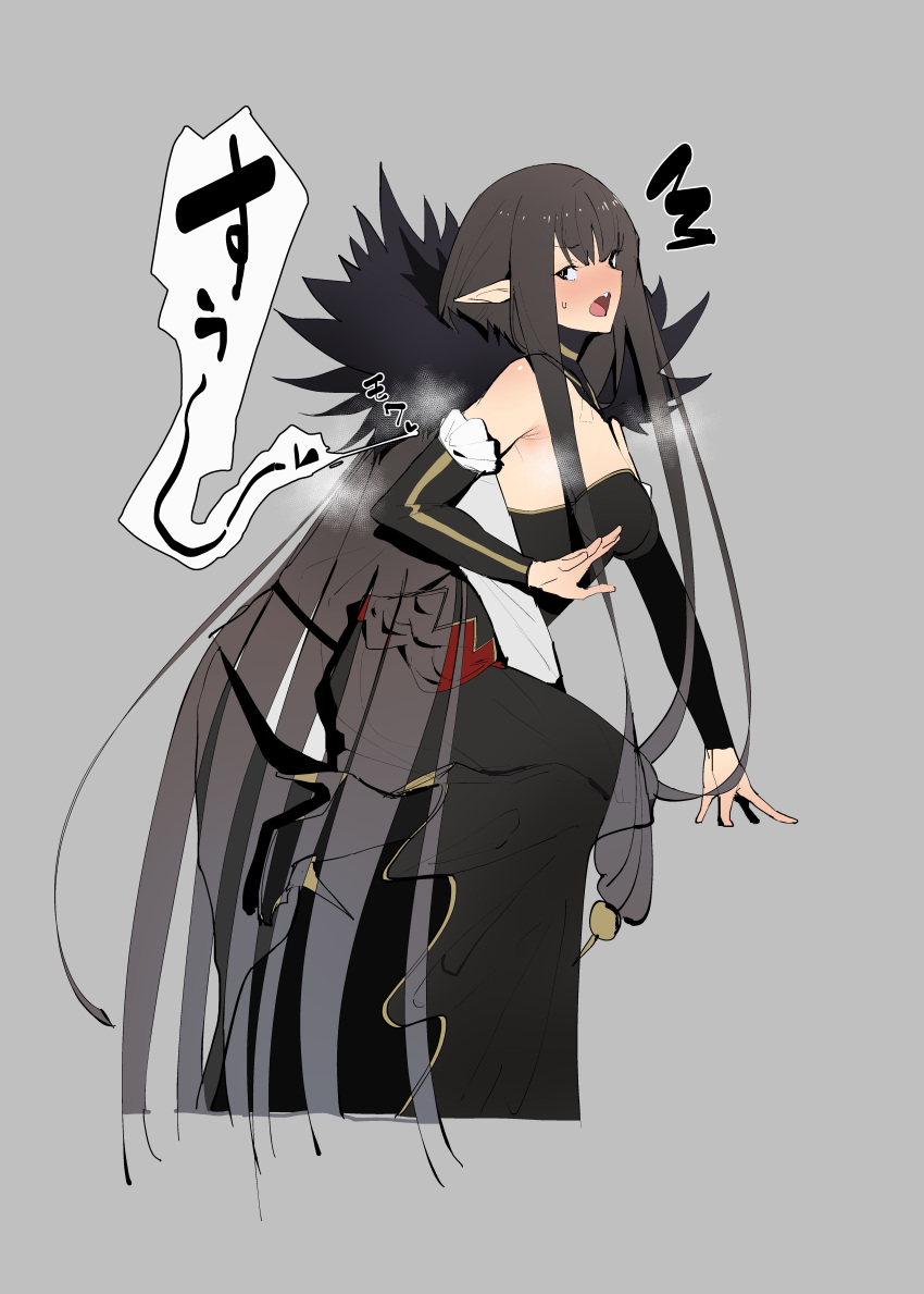 1girl absurdres black_dress black_hair blush breasts detached_sleeves dress fate/apocrypha fate_(series) fur_trim grey_background high_heels highres jikatarou leg_up long_hair open_mouth pointy_ears semiramis_(fate) simple_background solo sweatdrop teeth very_long_hair yellow_eyes