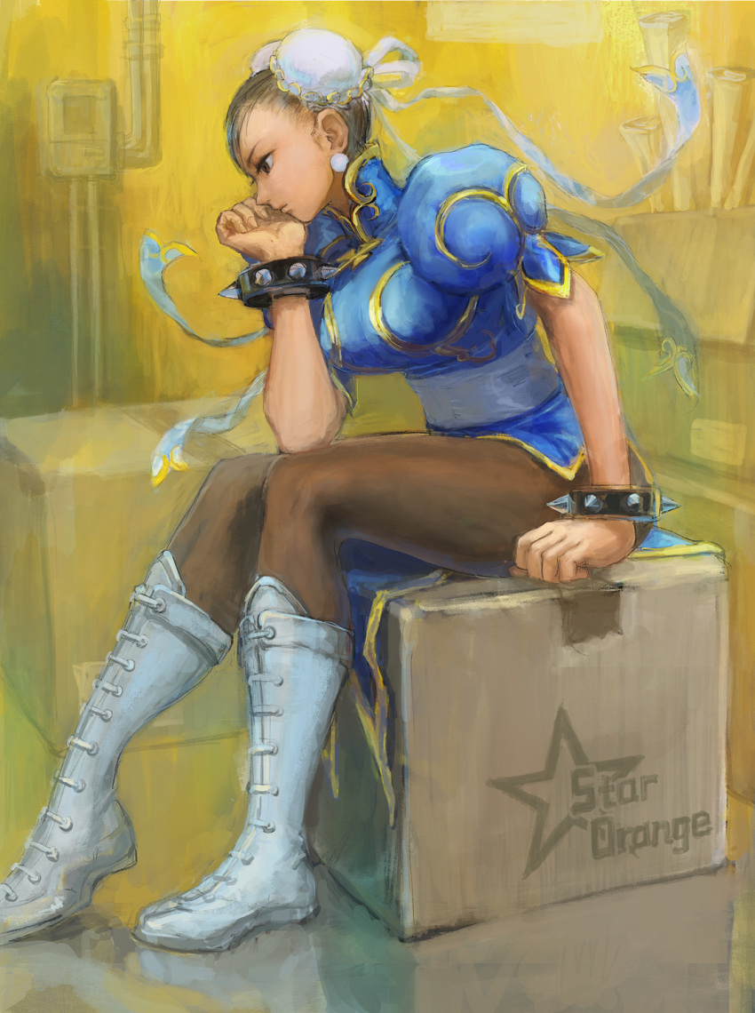 1girl black_hair blue_dress boots box bracelet breasts brown_eyes bun_cover capcom cardboard_box chin_rest china_dress chinese_clothes chun-li double_bun dress earrings highres jewelry knees_together_feet_apart large_breasts pantyhose pelvic_curtain puffy_short_sleeves puffy_sleeves sash short_hair short_sleeves sitting sitting_on_box solo spiked_bracelet spikes street_fighter user_fuyz3388 white_footwear
