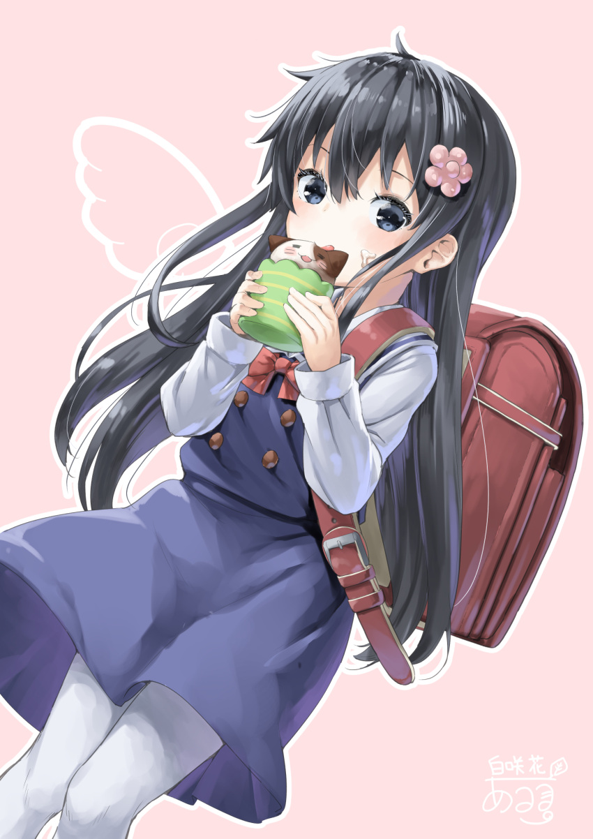 1girl aruma_(sawayaka_tokuko_miruku) backpack bag bangs black_hair blue_dress blue_eyes commentary_request cream cream_on_face drawn_wings dress dutch_angle eyebrows_visible_through_hair flower food food_on_face hair_between_eyes hair_flower hair_ornament highres holding long_hair long_sleeves looking_at_viewer pantyhose pink_flower randoseru shirosaki_hana shirt signature sleeveless sleeveless_dress solo very_long_hair watashi_ni_tenshi_ga_maiorita! white_legwear white_shirt