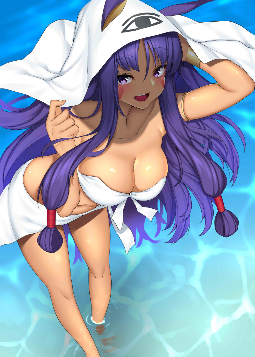 1girl absurdres animal_ears armlet arms_up bangs bare_shoulders bikini blanket blush bracelet breasts cleavage collarbone cosplay dark_skin facepaint facial_mark fate/grand_order fate_(series) hair_tubes highres jackal_ears jewelry large_breasts leaning_forward legs long_hair looking_at_viewer low-tied_long_hair medjed medjed_(cosplay) nebusoku nitocris_(fate/grand_order) nitocris_(swimsuit_assassin)_(fate) open_mouth purple_hair sarong sidelocks smile solo standing swimsuit thighs very_long_hair violet_eyes water white_bikini