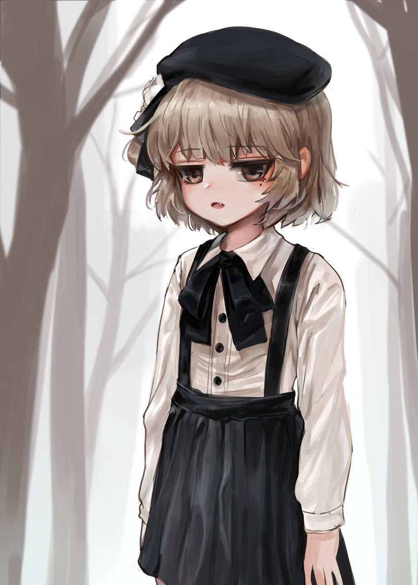 1girl arms_at_sides bangs bare_tree beret black_bow black_hat black_ribbon black_skirt blush bow brown_eyes brown_hair collared_shirt commentary dokomon dress_shirt english_commentary eyebrows_visible_through_hair fang flower hair_flower hair_ornament hat hatoba_tsugu hatoba_tsugu_(character) highres long_sleeves mole mole_under_eye parted_lips pleated_skirt ribbon rose shirt skirt solo suspender_skirt suspenders tree virtual_youtuber white_flower white_rose white_shirt