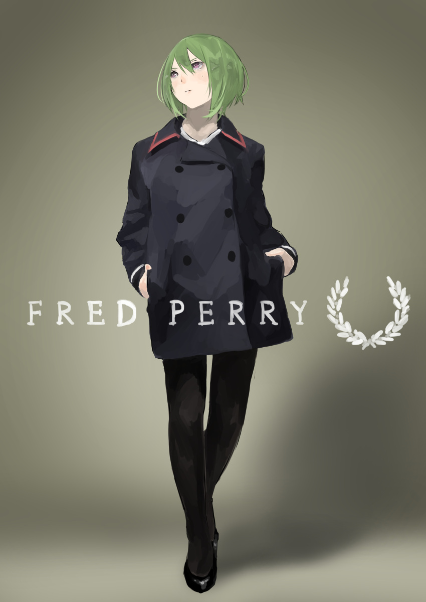 1girl absurdres bob_cut buttons closed_mouth coat double-breasted english_text fashion fred_perry_(brand) full_body green_hair hair_between_eyes hands_in_pockets highres looking_away midorikawa_yuhata mole pantyhose shoes short_hair sidonia_no_kishi simple_background solo standing violet_eyes