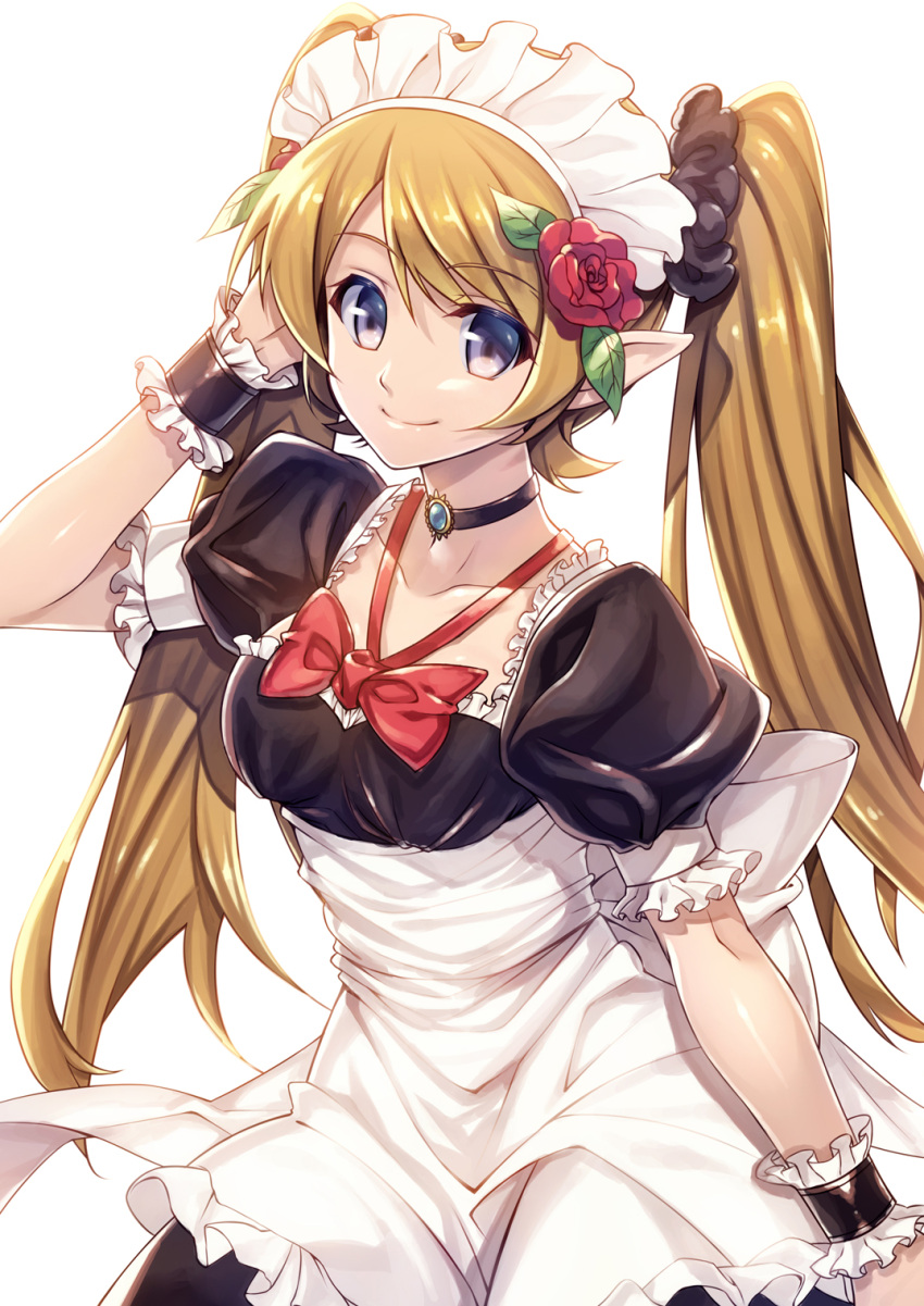 1girl apron black_shirt black_skirt blonde_hair blue_eyes bow choker collarbone elf eyebrows_visible_through_hair floating_hair flower hair_flower hair_ornament highres hoshi_ichi long_hair looking_at_viewer maid maid_headdress original pointy_ears red_flower red_neckwear shiny shiny_hair shirt short_sleeves simple_background skirt solo twintails very_long_hair waist_apron white_apron white_background white_bow wrist_cuffs