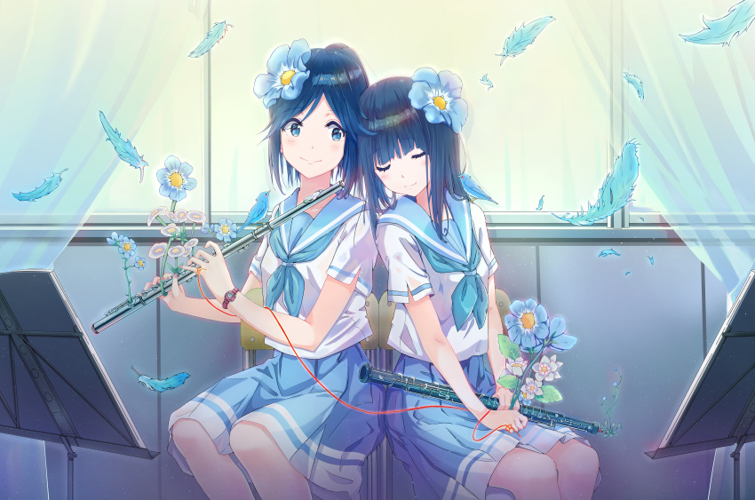 2girls absurdres bangs black_hair blue_feathers blue_flower blue_hair blue_neckwear blue_sailor_collar blue_skirt closed_eyes eyebrows_visible_through_hair flower hair_flower hair_ornament head_tilt hibike!_euphonium high_ponytail highres holding holding_flower holding_instrument indoors instrument jadeqilin kasaki_nozomi liz_to_aoi_tori long_hair looking_to_the_side miniskirt multiple_girls parted_bangs pleated_skirt sailor_collar shiny shiny_hair shirt short_hair short_sleeves sitting skirt smile watch watch white_shirt yoroizuka_mizore