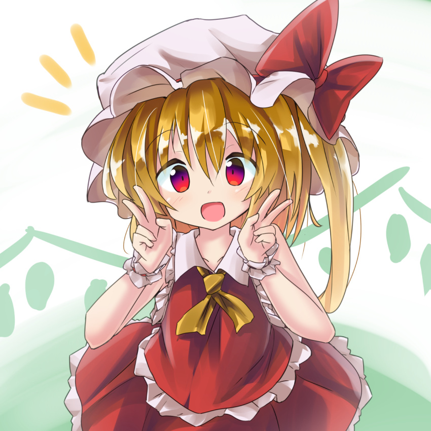 1girl :d bangs blonde_hair blush bow collarbone commentary_request double_v eyebrows_visible_through_hair flandre_scarlet hair_between_eyes hands_up hat hat_bow highres long_hair looking_at_viewer mob_cap one_side_up open_mouth red_bow red_eyes red_shirt red_skirt ryogo shirt skirt skirt_set sleeveless sleeveless_shirt smile solo touhou v white_hat wings wrist_cuffs yellow_neckwear