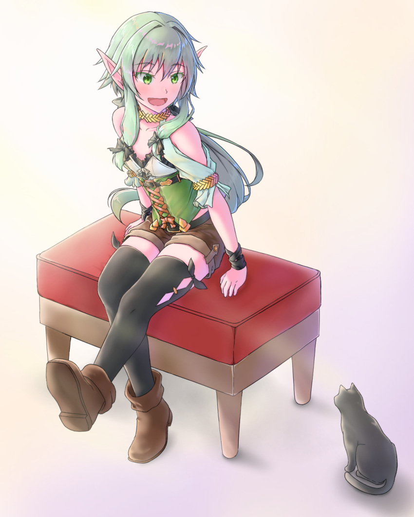 1girl :d bare_shoulders black_cat blush boots cat elf full_body goblin_slayer! green_eyes green_hair high_elf_archer_(goblin_slayer!) highres kurokuma open_mouth pointy_ears ponytail short_hair sitting smile solo thigh-highs