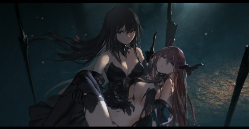 2girls black_dress black_eyes black_gloves black_hair black_legwear breasts brown_hair carrying cleavage closed_eyes dress elbow_gloves floating_hair gloves highres large_breasts long_hair medium_breasts multiple_girls navel pixiv_fantasia pixiv_fantasia_revenge_of_the_darkness princess_carry sleeveless sleeveless_dress strapless strapless_dress swd3e2 thigh-highs torn_clothes very_long_hair