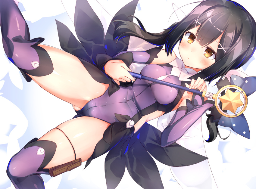 1girl bangs bare_shoulders black_hair blush breasts cape closed_mouth covered_navel detached_sleeves fate/kaleid_liner_prisma_illya fate_(series) feathers hair_feathers hair_ornament hairclip highleg highleg_leotard highres kaleidostick leotard long_hair lying magical_girl magical_sapphire miyu_edelfelt on_back pouch purple_legwear purple_leotard sakurayume_kome small_breasts solo thigh_strap thighs twintails yellow_eyes